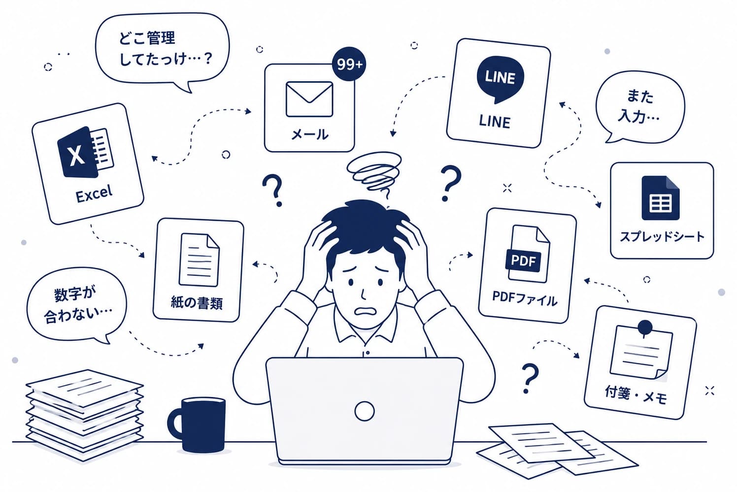 Excel・メール・LINE・PDFなど複数ツールに業務情報が分散して悩む担当者のイラスト