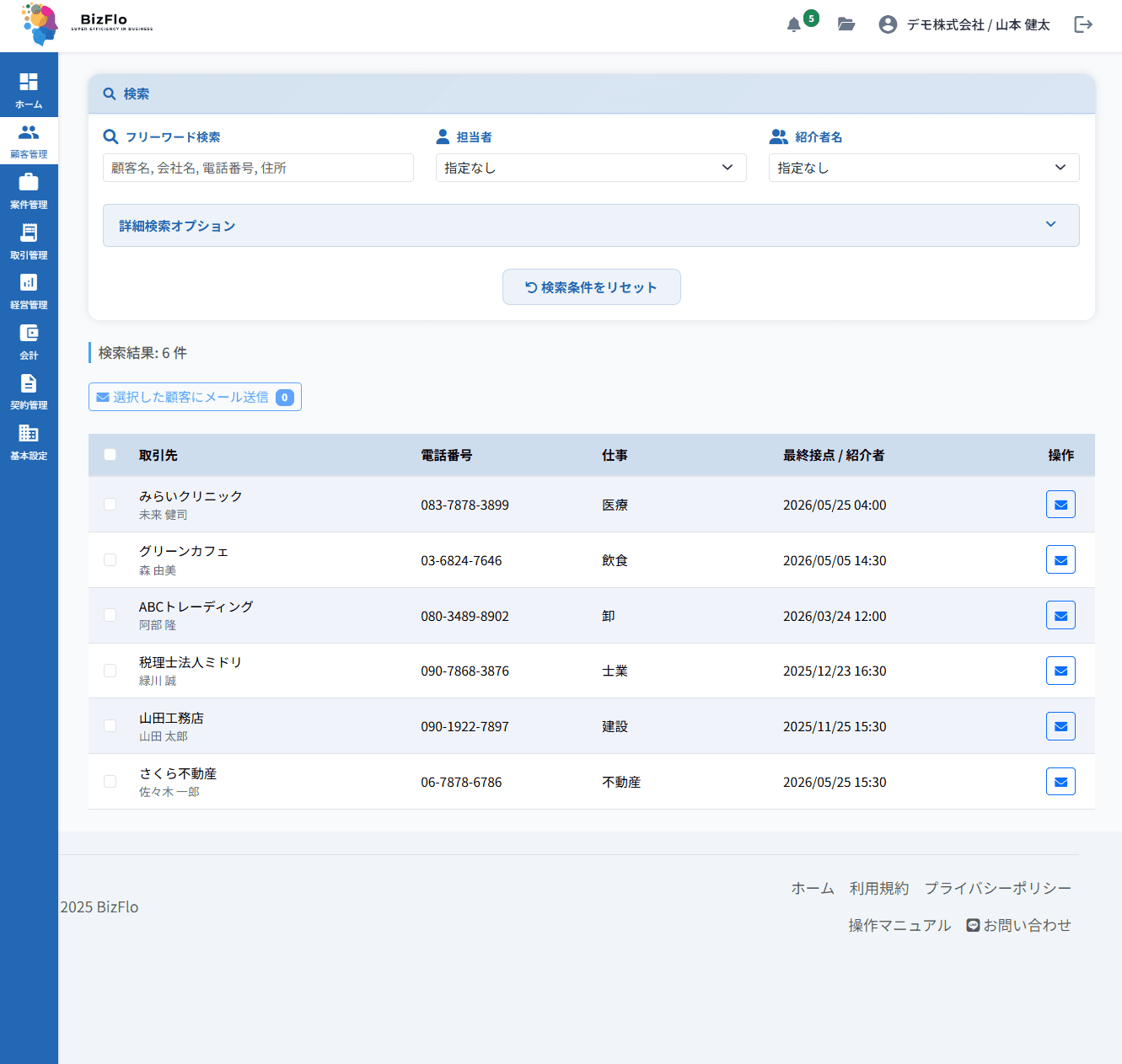 BizFloの顧客管理画面