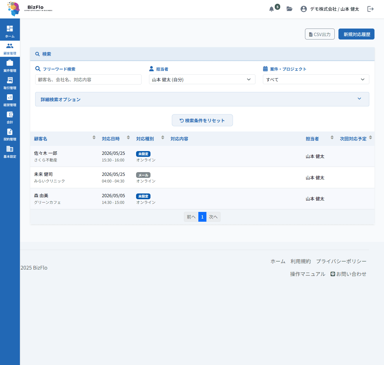 BizFloの対応履歴画面