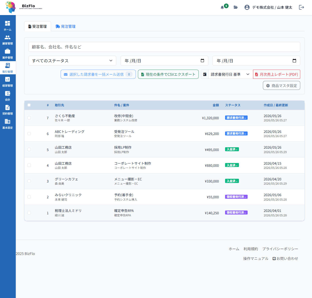 BizFloの受発注・請求一覧画面